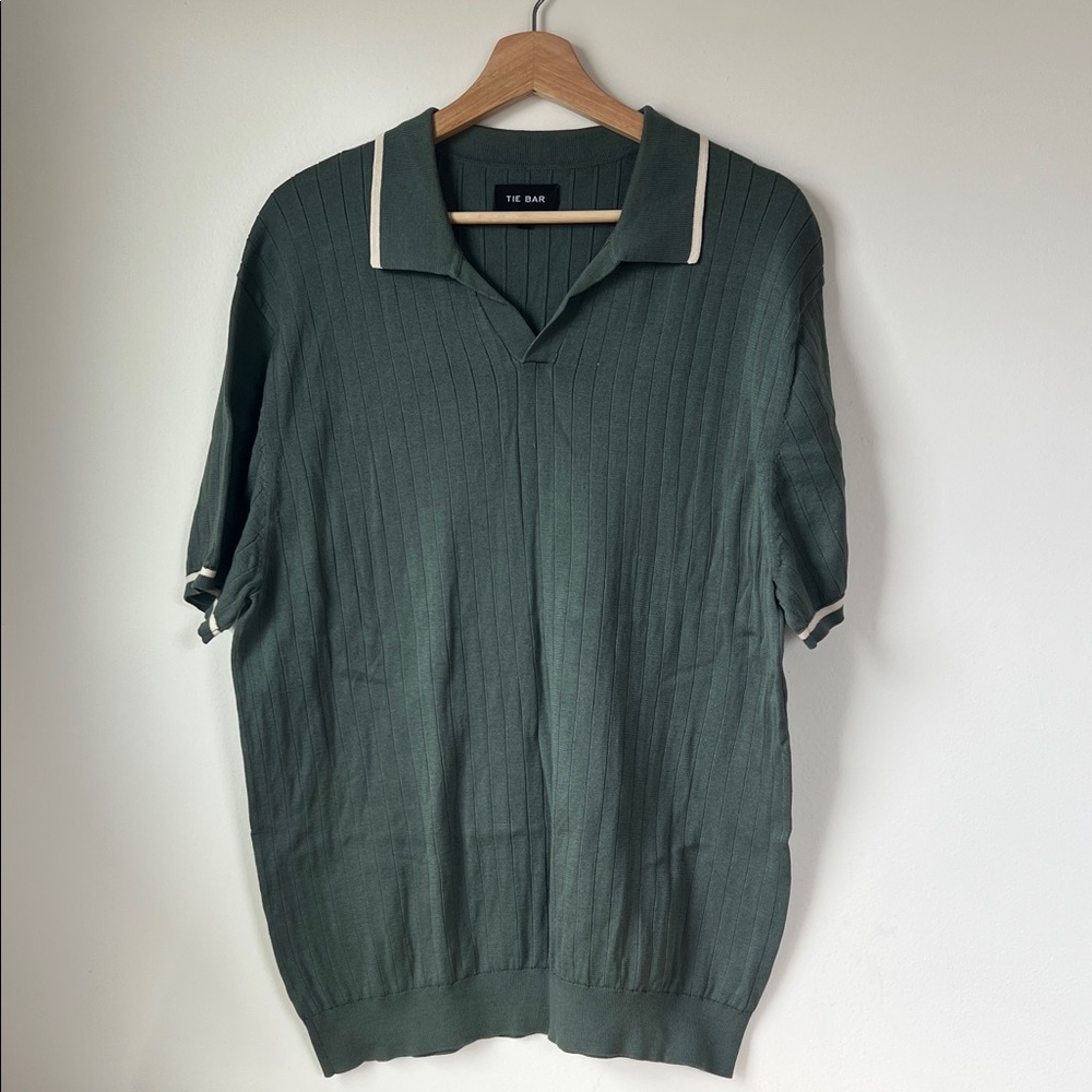 The Tie Bar Green Knit Polo with Cream Trim